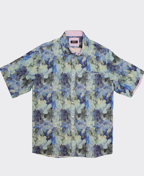 Berlin Shirt S/S Clover Linen Print - Blue/Green