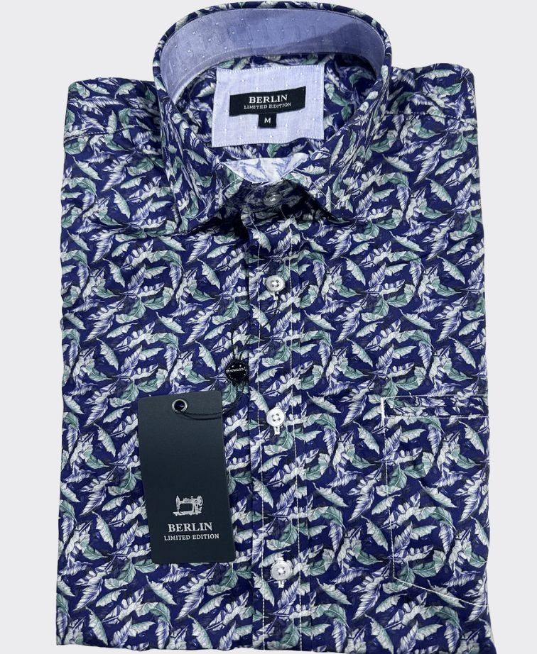 Berlin Shirt S/S Small Leaves Satin Print - Navy/Green