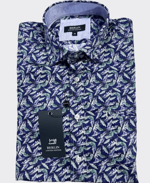 Berlin Shirt S/S Small Leaves Satin Print - Navy/Green