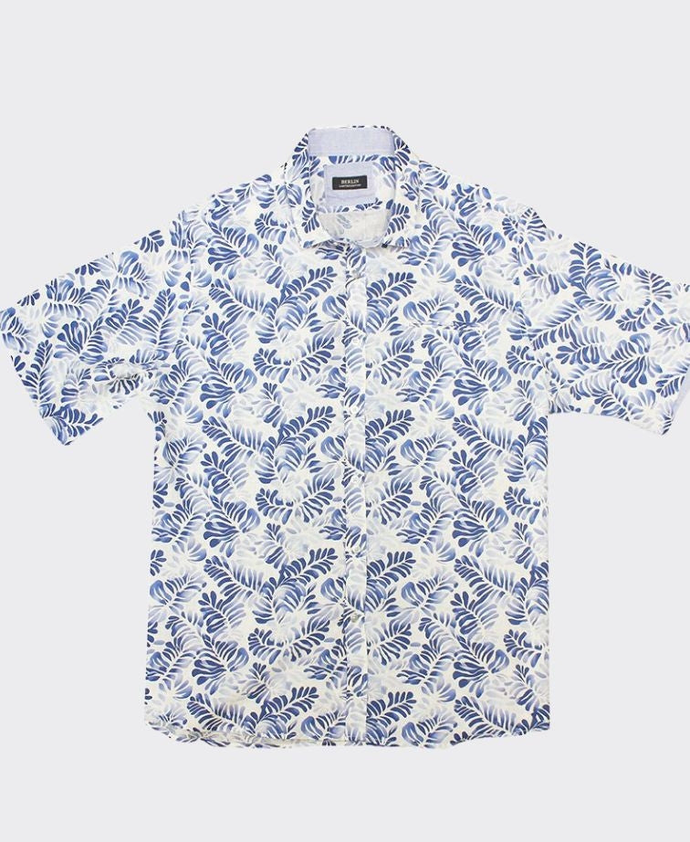 Berlin Shirt S/S Palm Linen Print - White/Blue