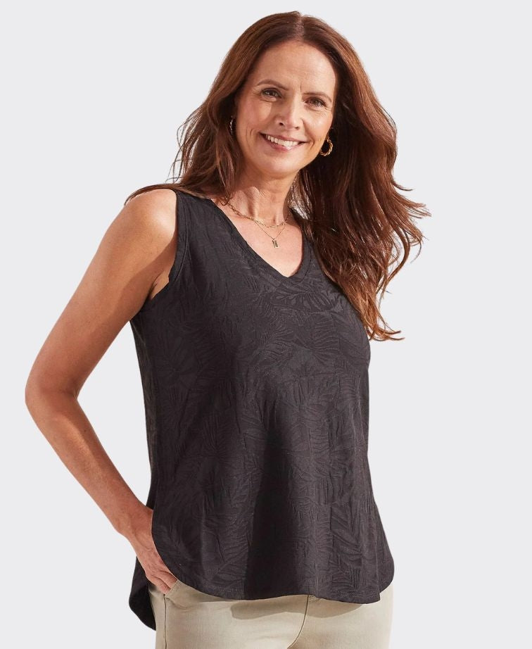 Tribal Tank V-Neck Textured Side Slits - Black