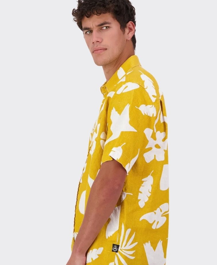 Swanndri Shirt S/S Leafage Linen - Amber/White