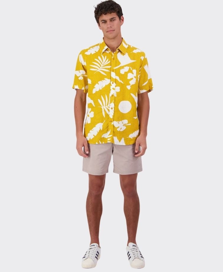 Swanndri Shirt S/S Leafage Linen - Amber/White