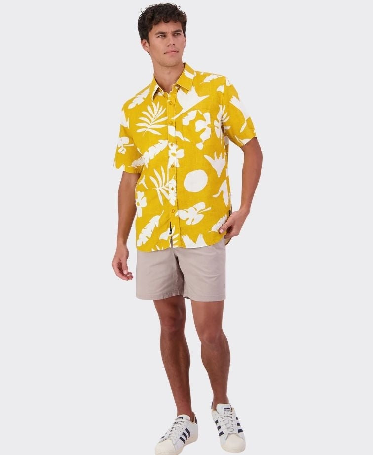 Swanndri Shirt S/S Leafage Linen - Amber/White