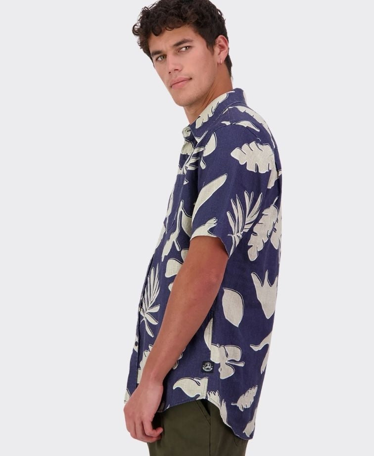 Swanndri Shirt S/S Leafage Linen - Navy/Platinum