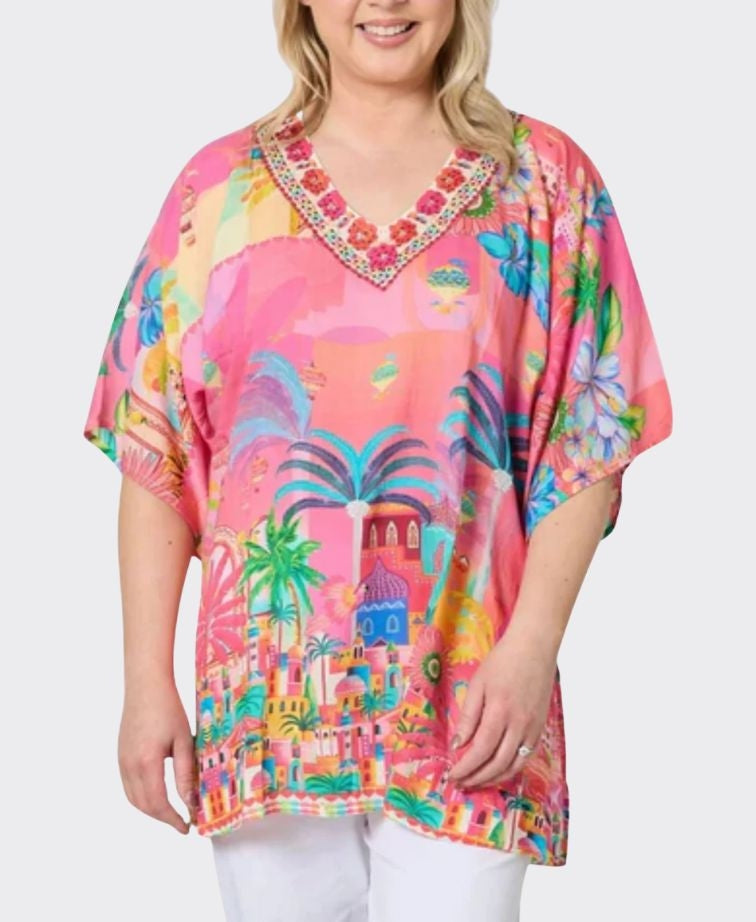 Hammock & Vine Top S/S Mandalay Bay V Neck - Pink/Multi