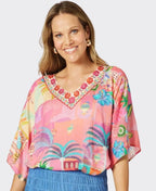 Hammock & Vine Top S/S Mandalay Bay V Neck - Pink/Multi