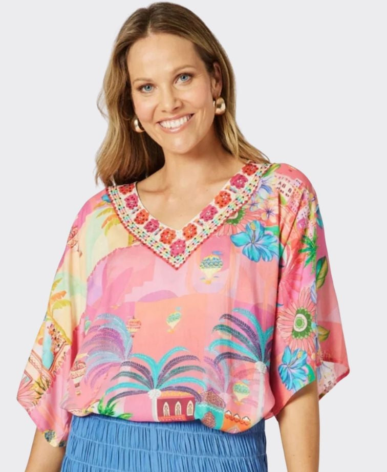 Hammock & Vine Top S/S Mandalay Bay V Neck - Pink/Multi