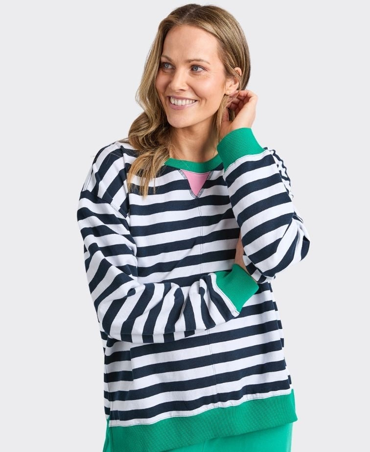 Elm Sweat Maps Stripe Crew - Navy White