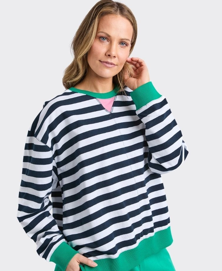 Elm Sweat Maps Stripe Crew - Navy White