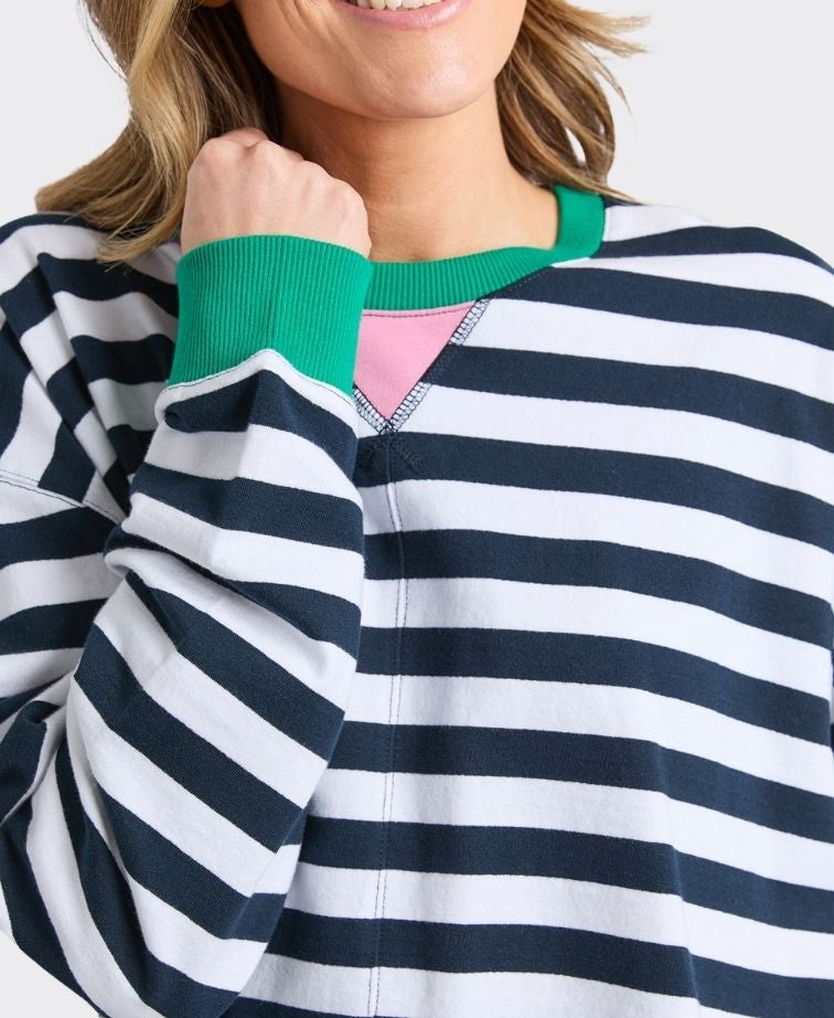 Elm Sweat Maps Stripe Crew - Navy White