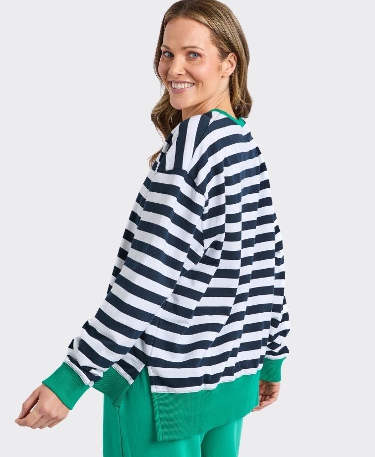 Elm Sweat Maps Stripe Crew - Navy White