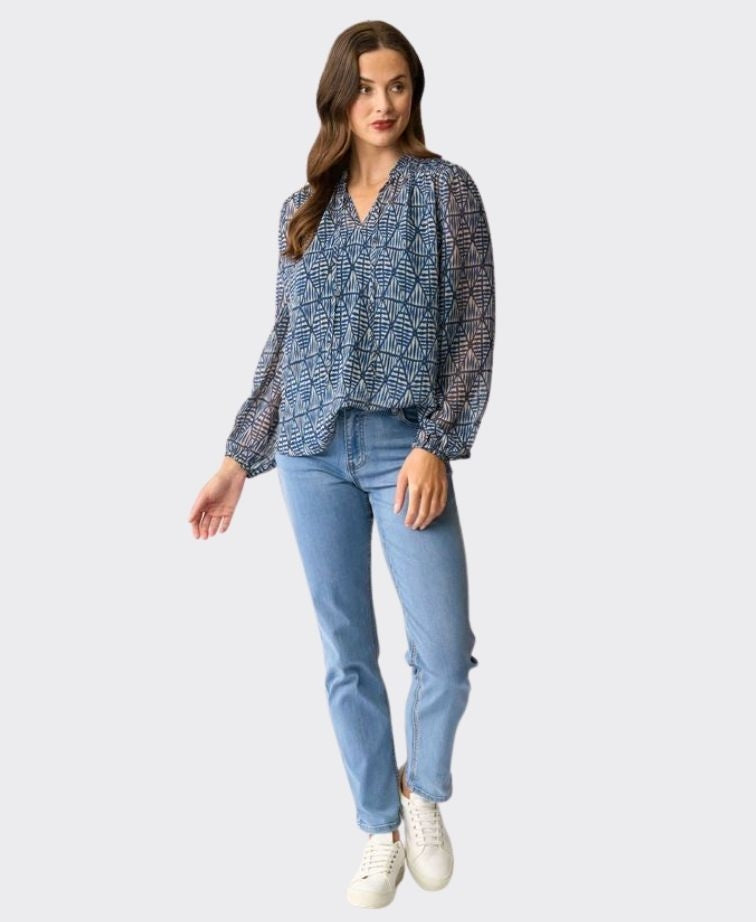 Memo Blouse Shirred Yoke Chiffon - Aqua Geo