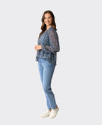 Memo Blouse Shirred Yoke Chiffon - Aqua Geo