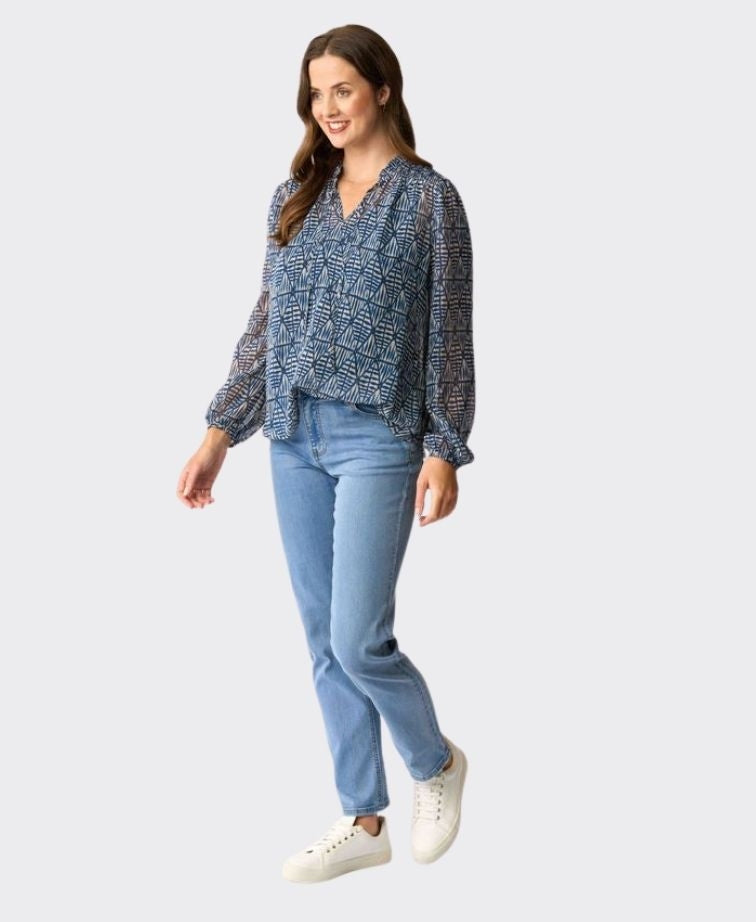 Memo Blouse Shirred Yoke Chiffon - Aqua Geo