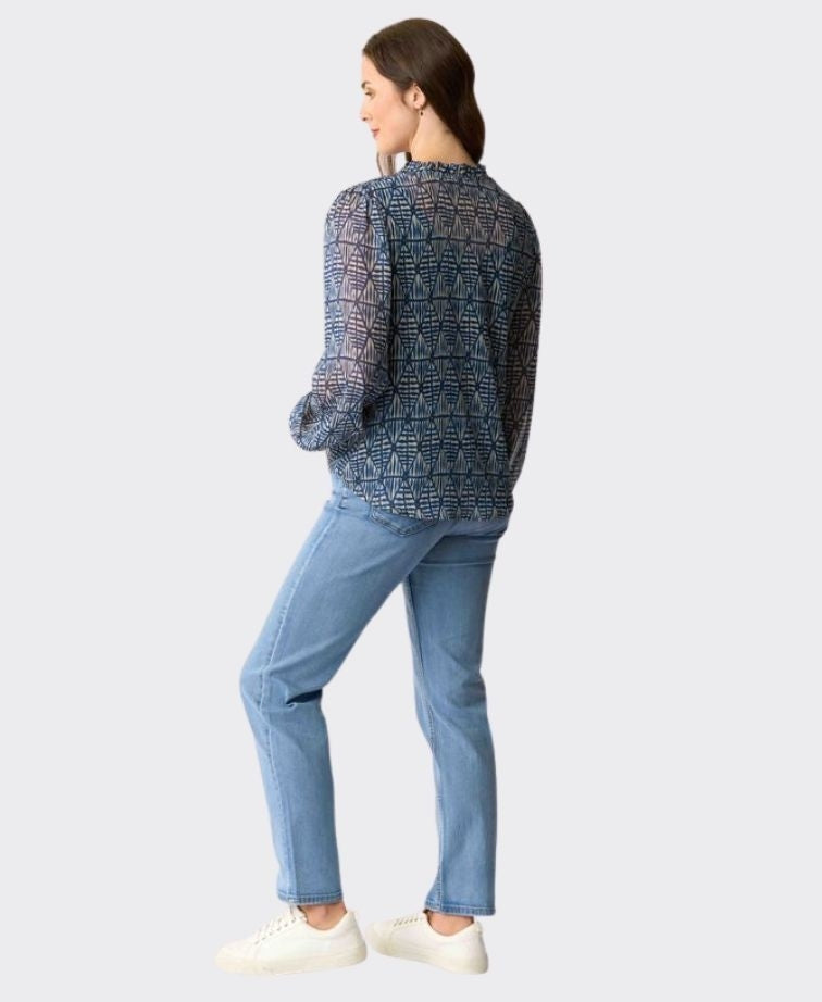 Memo Blouse Shirred Yoke Chiffon - Aqua Geo