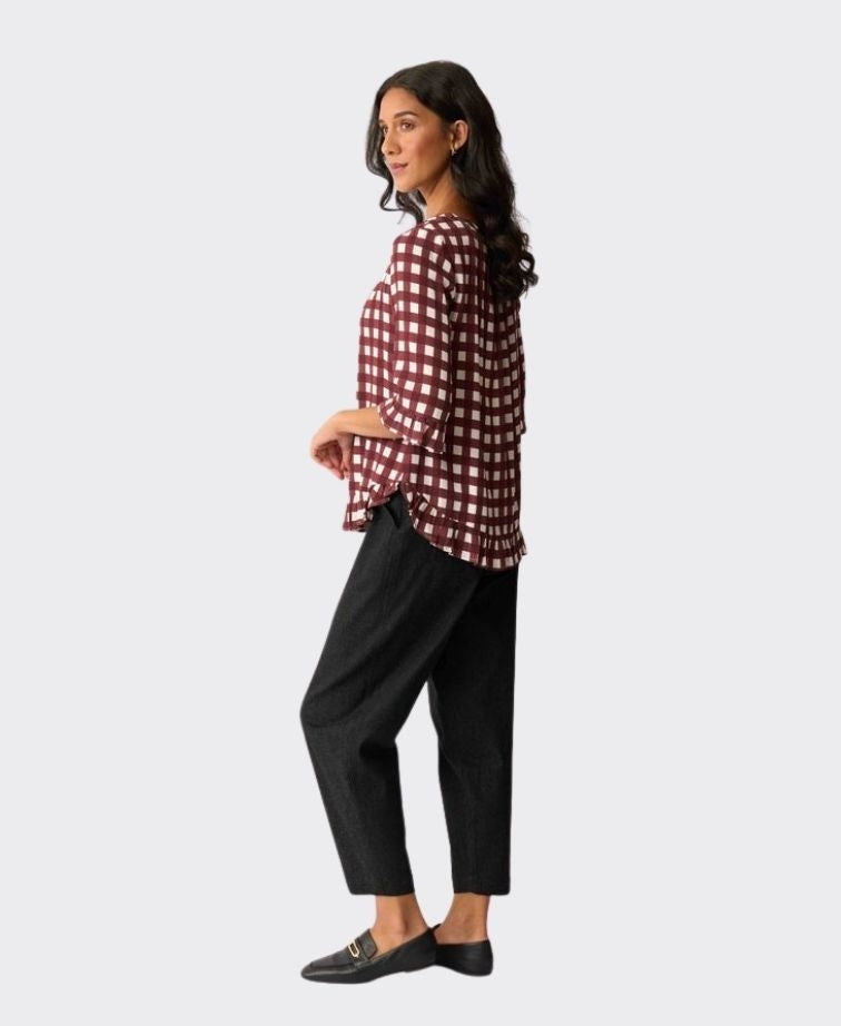 Foil Top Gathered Scoop Hem - Cocoa Check