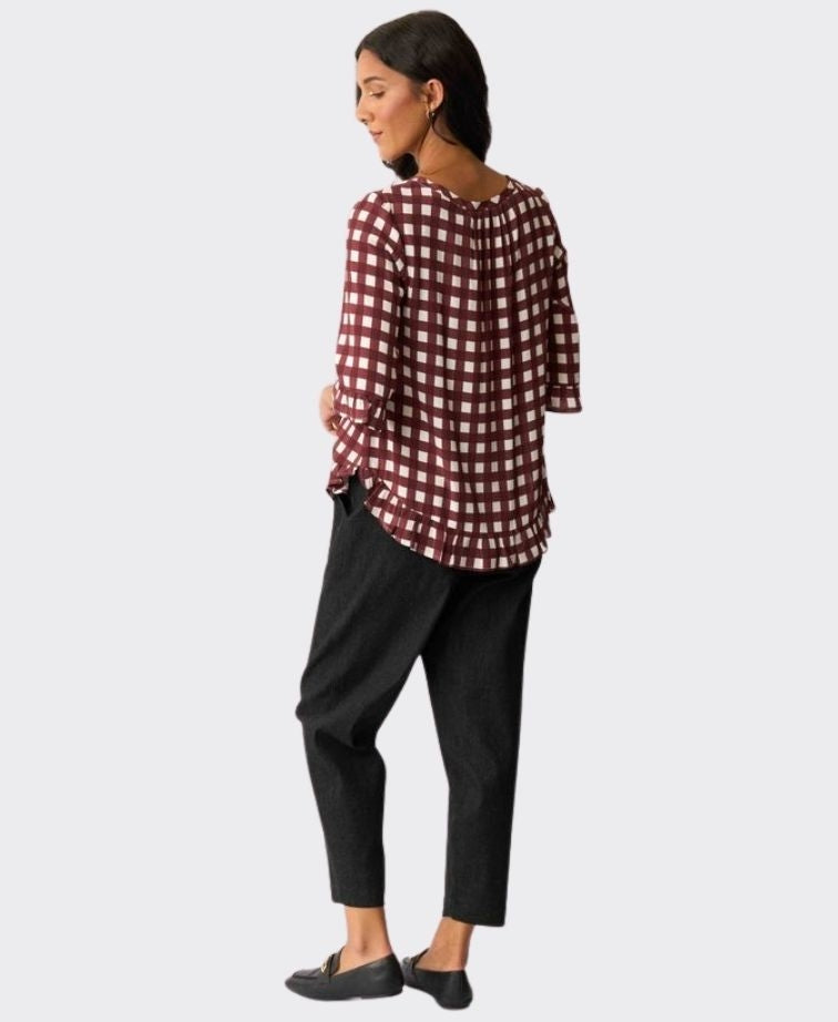 Foil Top Gathered Scoop Hem - Cocoa Check