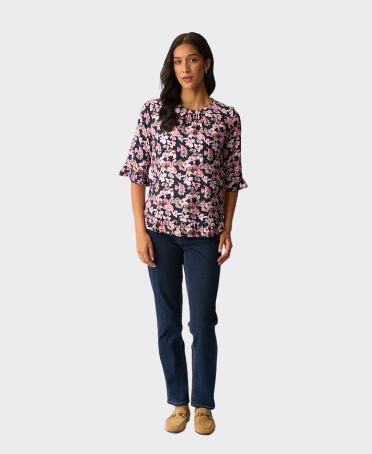 Foil Top Gathered Scoop Hem - Floral Smudge