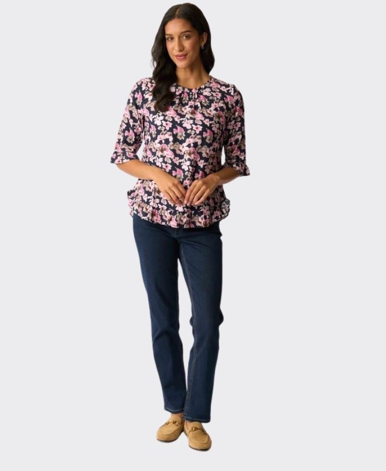 Foil Top Gathered Scoop Hem - Floral Smudge
