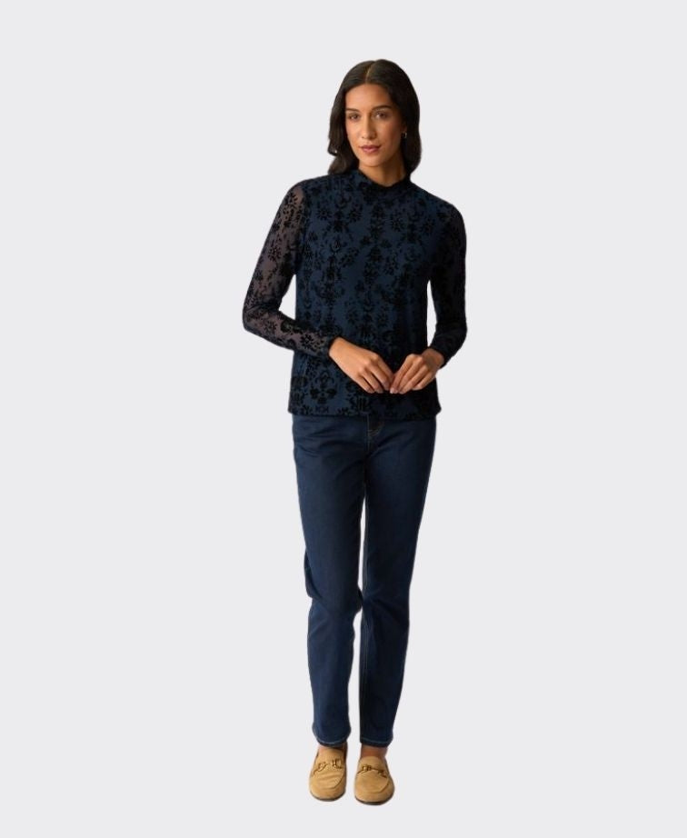 Foil Top L/S Polo Neck Velvet Burnout - Navy Paisley