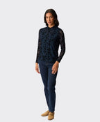 Foil Top L/S Polo Neck Velvet Burnout - Navy Paisley
