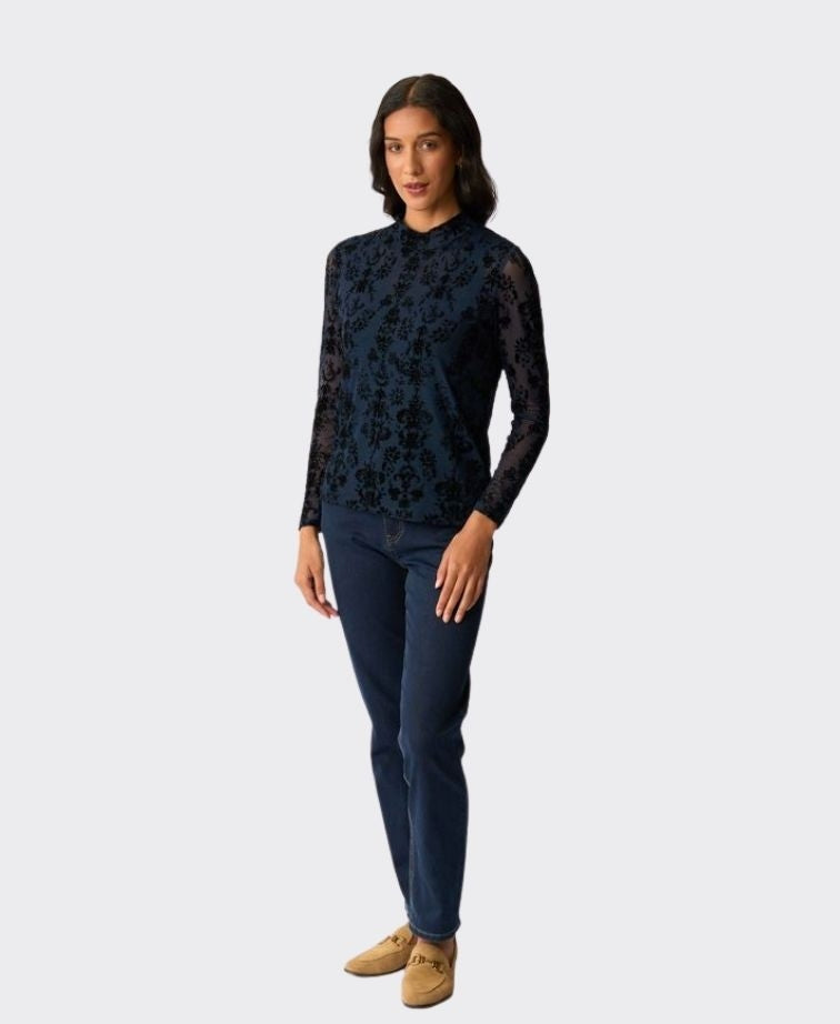 Foil Top L/S Polo Neck Velvet Burnout - Navy Paisley