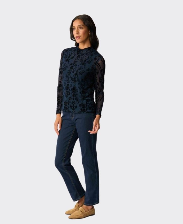 Foil Top L/S Polo Neck Velvet Burnout - Navy Paisley