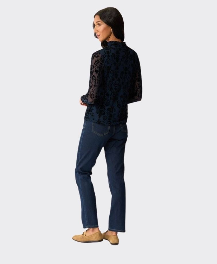 Foil Top L/S Polo Neck Velvet Burnout - Navy Paisley
