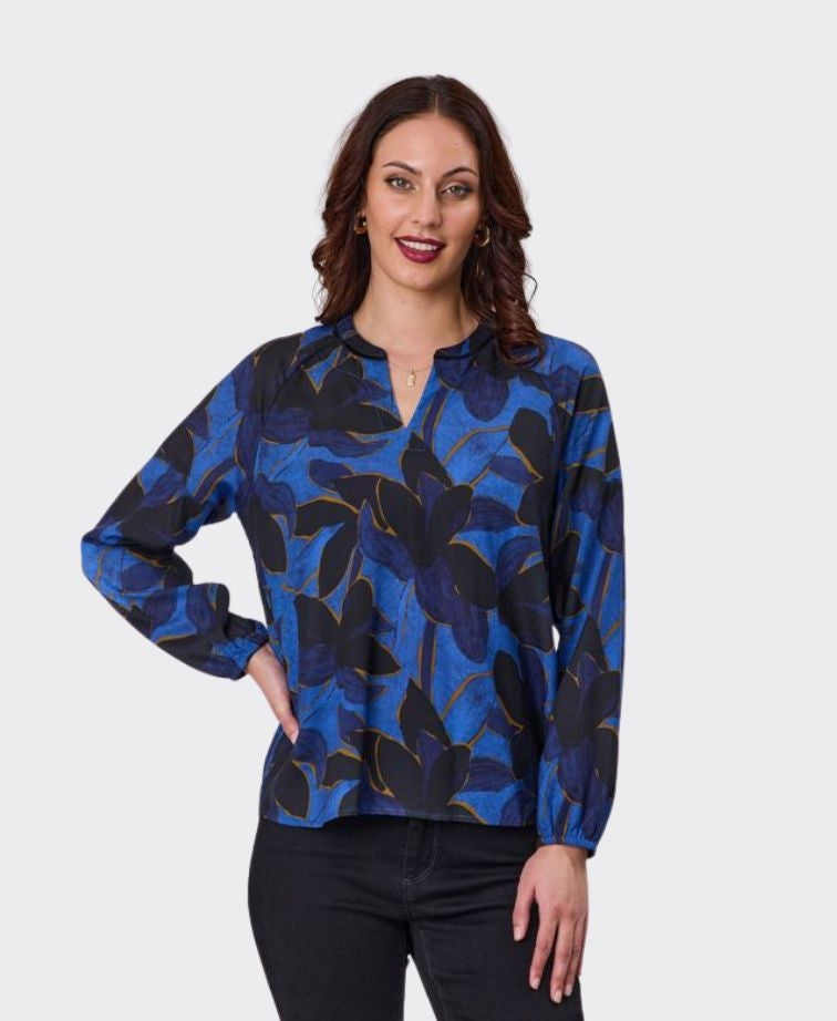 Newport Blouse Azure Velvet Trim - Azure Print