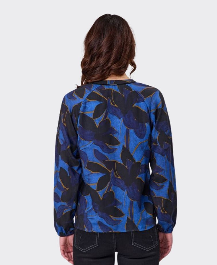 Newport Blouse Azure Velvet Trim - Azure Print