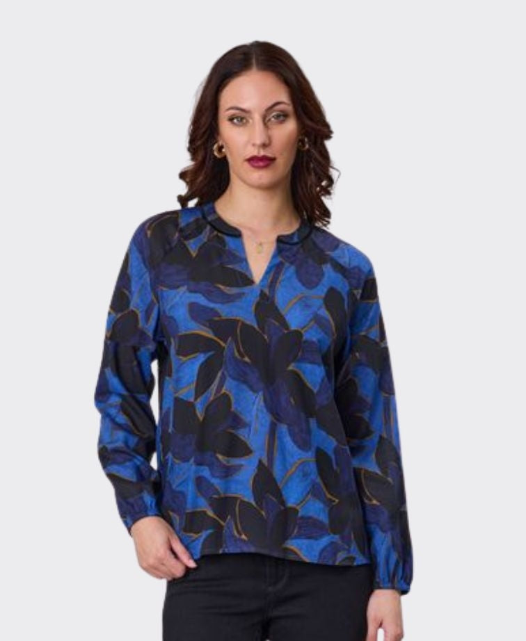 Newport Blouse Azure Velvet Trim - Azure Print
