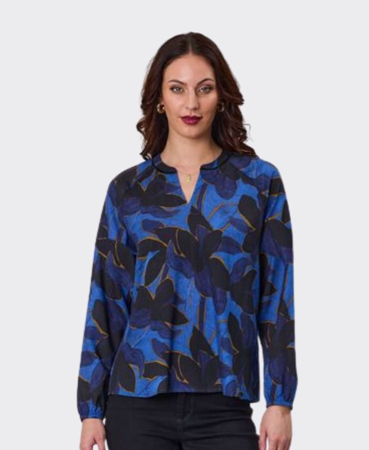 Newport Blouse Azure Velvet Trim - Azure Print