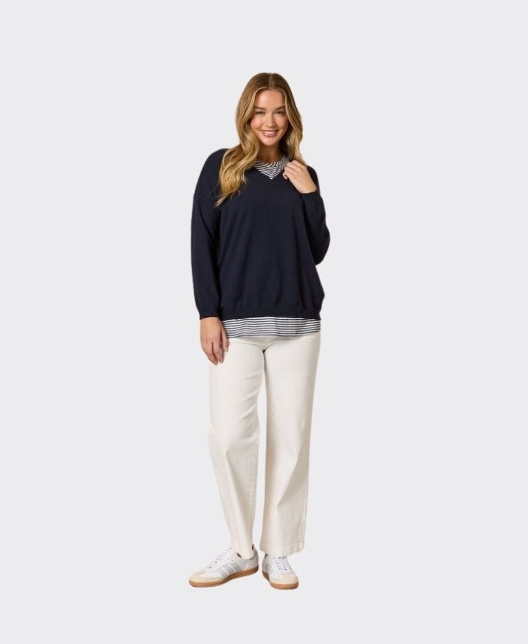 Threadz Top Double Take 2 in 1 Stripe Cami - Navy/White