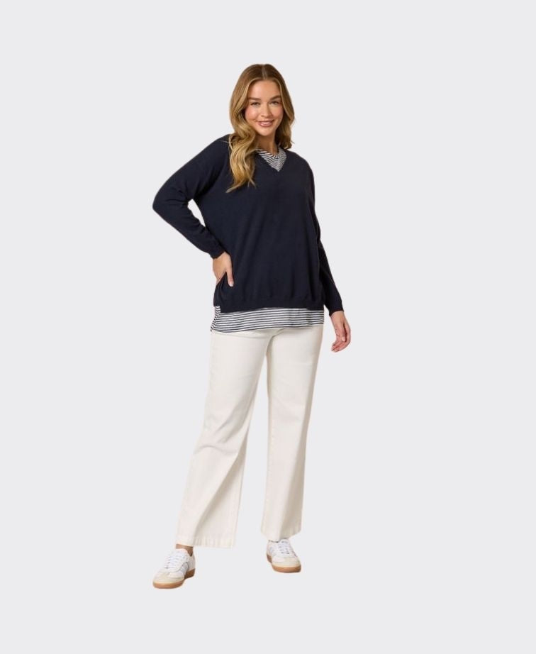 Threadz Top Double Take 2 in 1 Stripe Cami - Navy/White