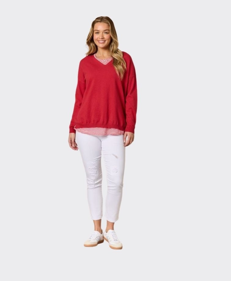 Threadz Top Double Take 2 in 1 Stripe Cami - Red/White