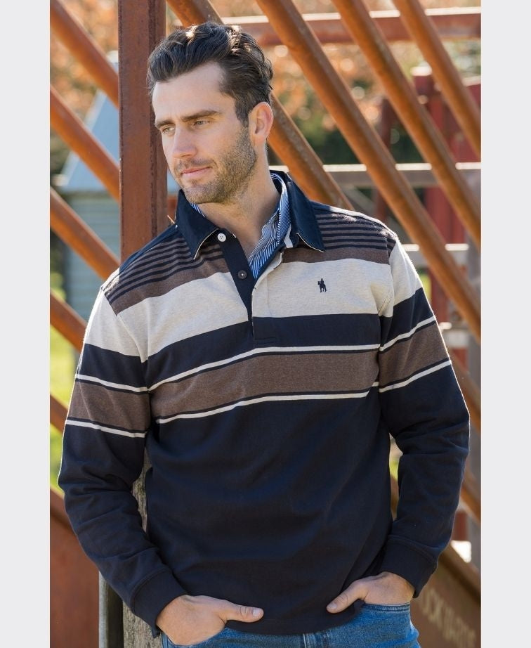 Thomas Cook Sweat Bryan Stripe Rugby - Navy/Dark Tan