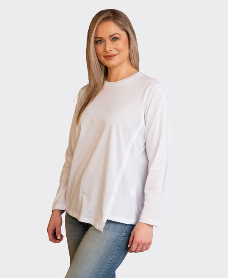 White On Black Tee Side Button Crew - White