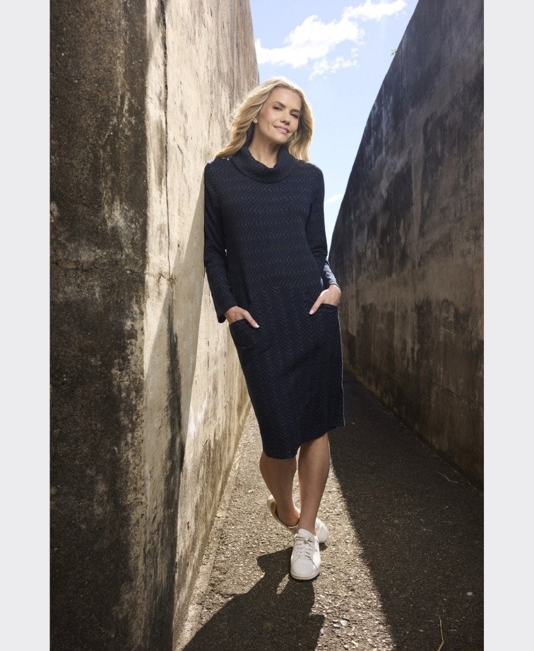 Orientique Dress Cowl Neck Textured Maluku - Print