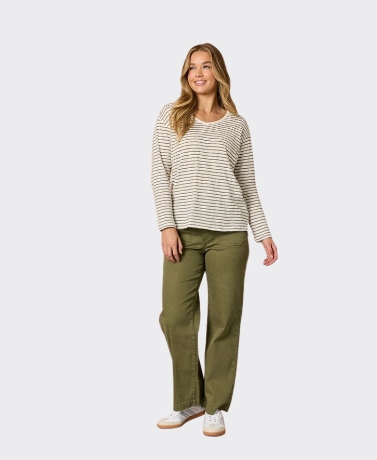 Threadz Tee City Stripe V-Neck - Khaki Ivory