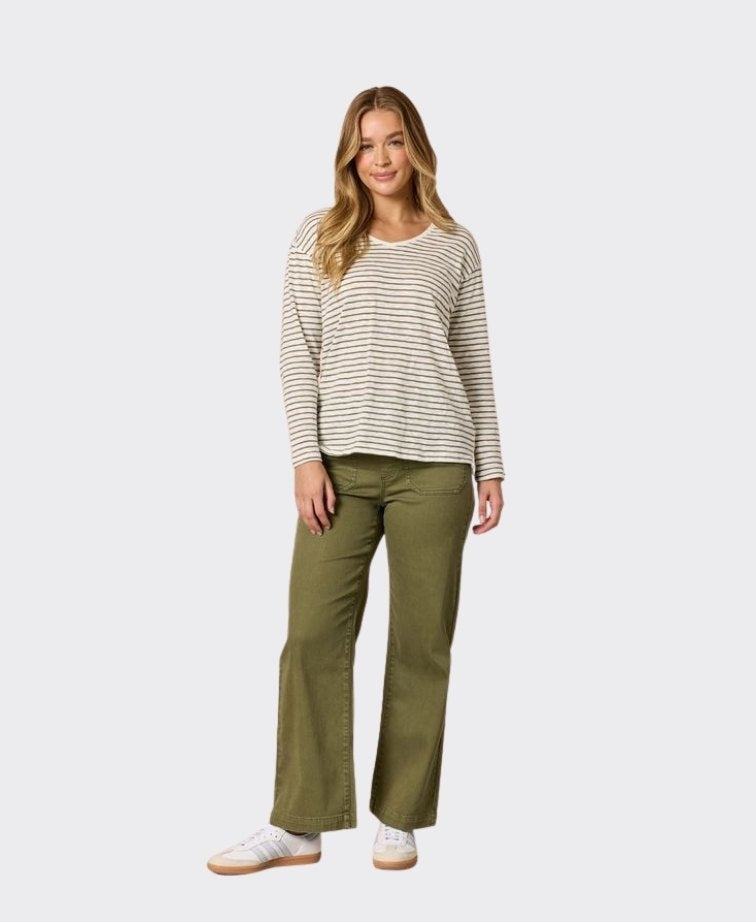Threadz Tee City Stripe V-Neck - Khaki Ivory