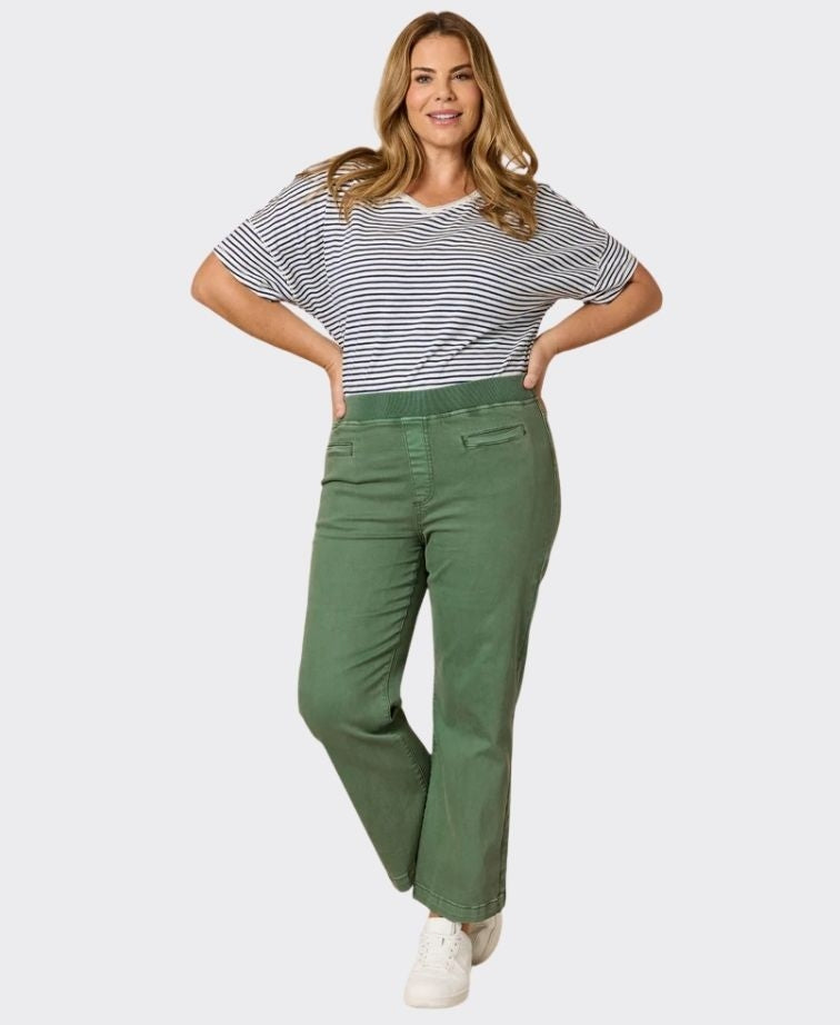 Threadz Jean Maddy Pull On Wide Leg Rib Waist - Khaki
