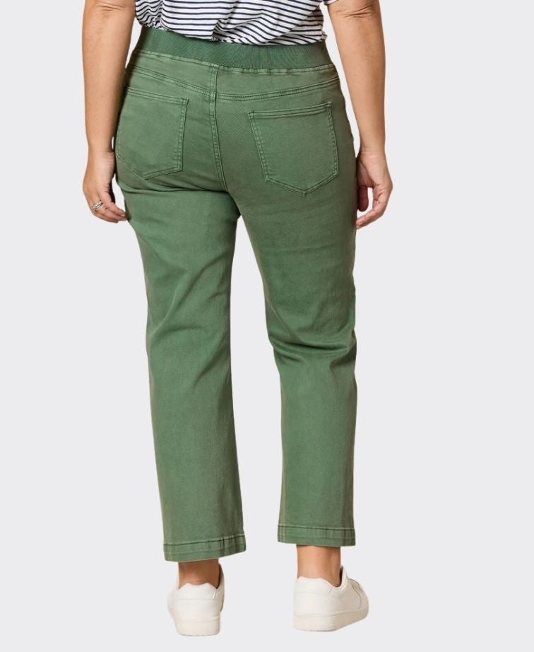 Threadz Jean Maddy Pull On Wide Leg Rib Waist - Khaki