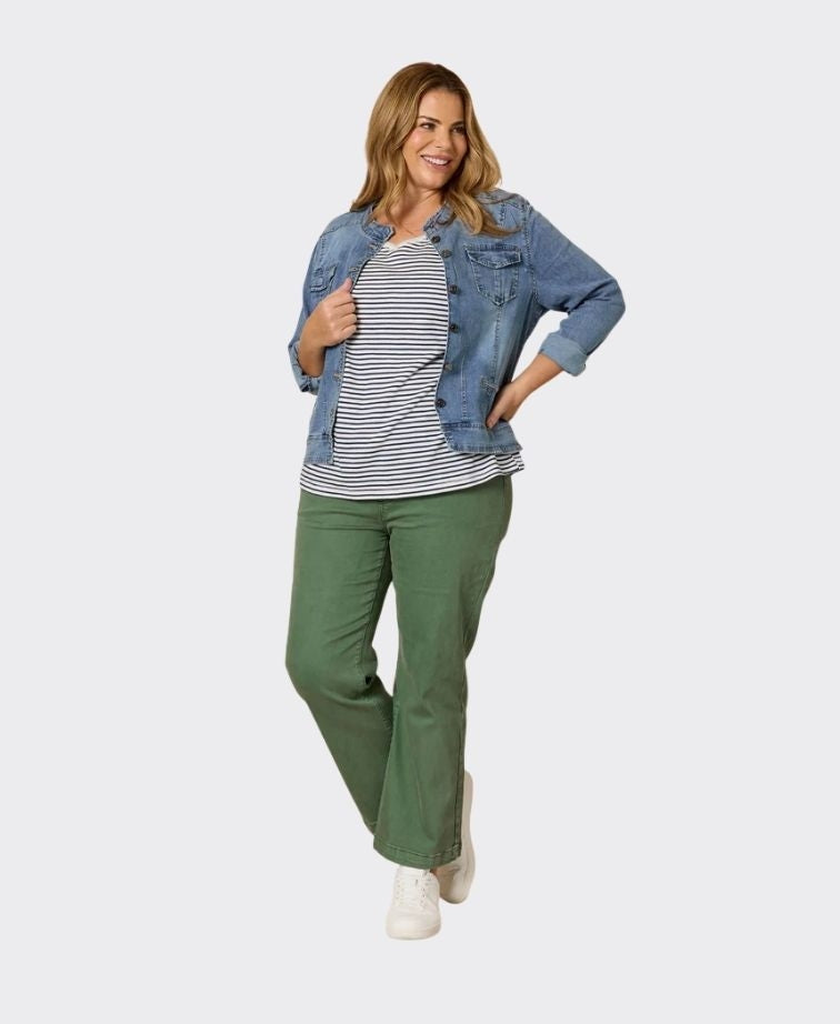 Threadz Jean Maddy Pull On Wide Leg Rib Waist - Khaki