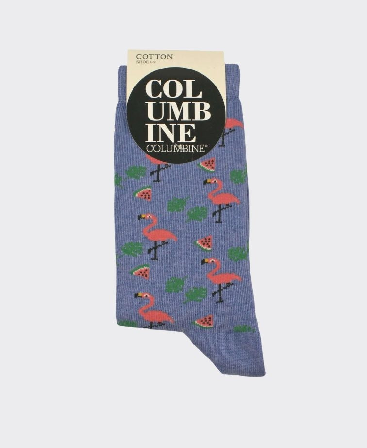 Columbine Cotton Crew Flamingos - Denim