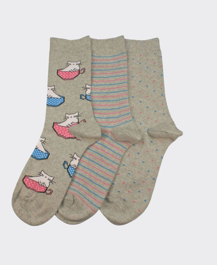 Columbine Cats 3pk Crew - Light Grey