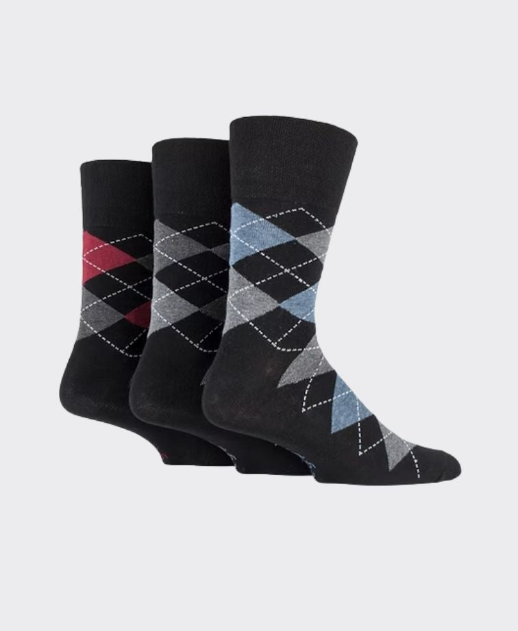 Gentle Grip Argyle Cotton Socks 3 Pack - Black