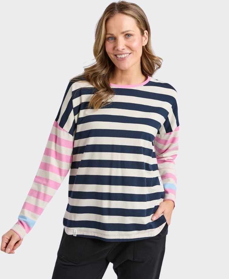 Elm Tee L/S Stripe Gaeb - White/Navy/Pink