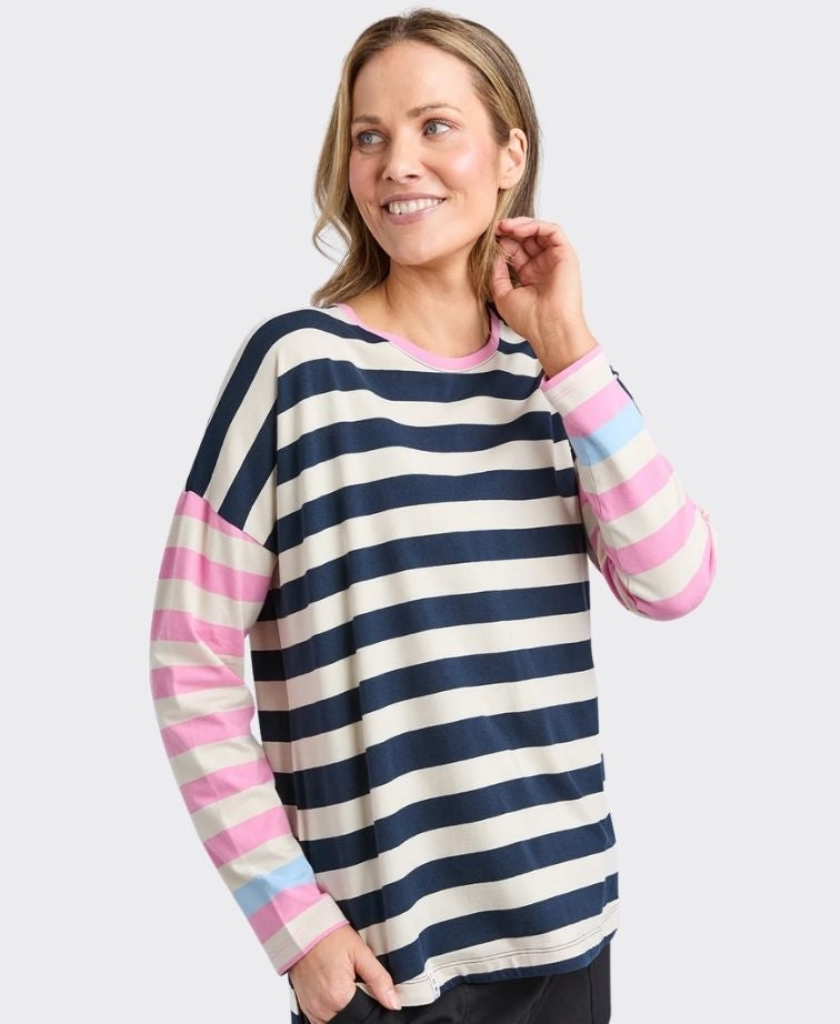 Elm Tee L/S Stripe Gaeb - White/Navy/Pink
