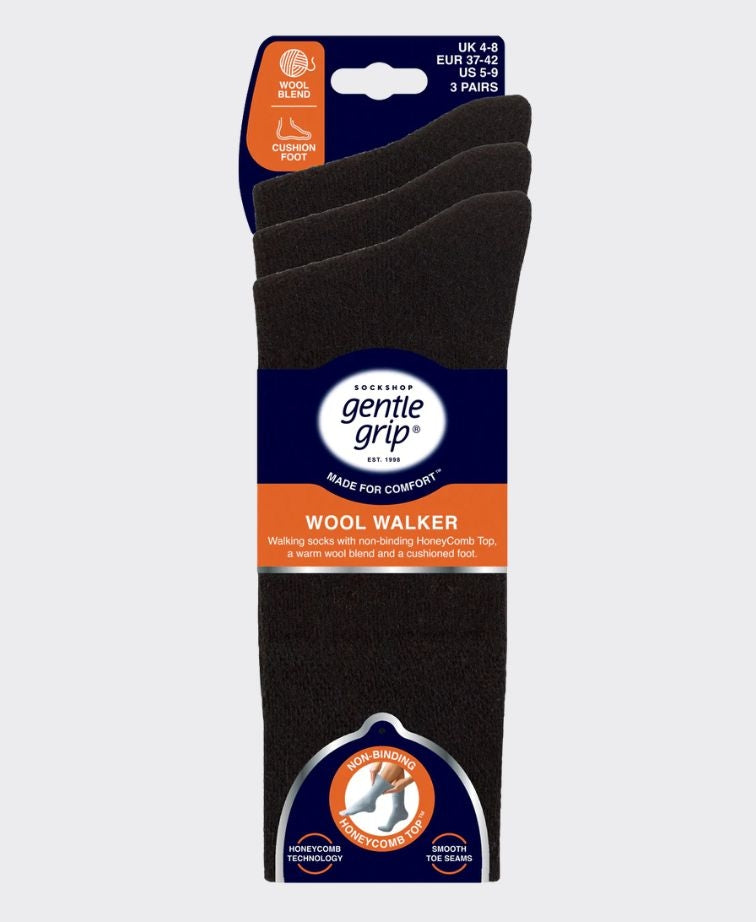 Gentle Grip Wool Walker Socks 3pr - Black